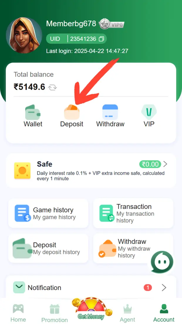 BG678 Game profile home with history and transaction panels